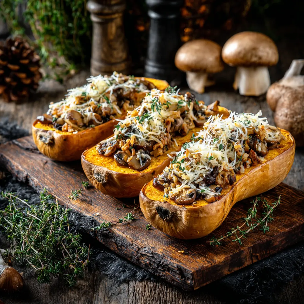 Recette irrésistible de Butternut rôtie farcie aux champignons et fromage