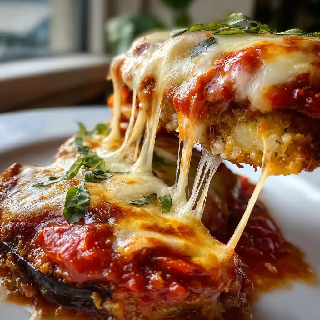 Gros plan sur une part d'aubergines à la parmigiana montrant les couches fondantes et le fromage filant