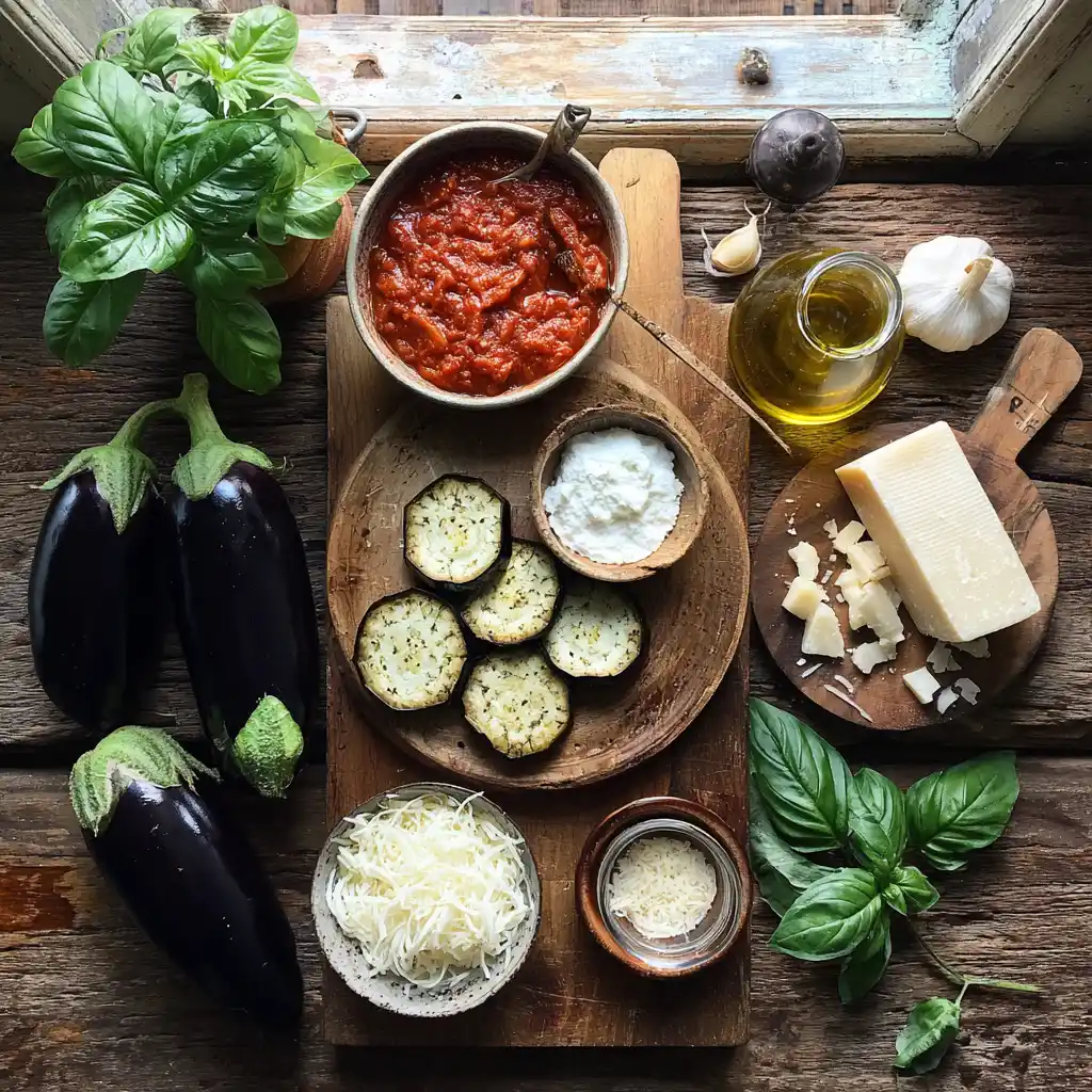 Ingrédients des aubergines à la parmigiana : aubergines fraîches, tomates pelées, mozzarella di bufala, parmesan et basilic frais