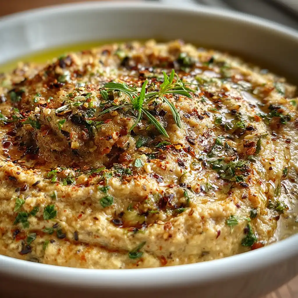 Gros plan sur le caviar d'aubergines maison montrant sa texture crémeuse et fumée avec les morceaux de chair