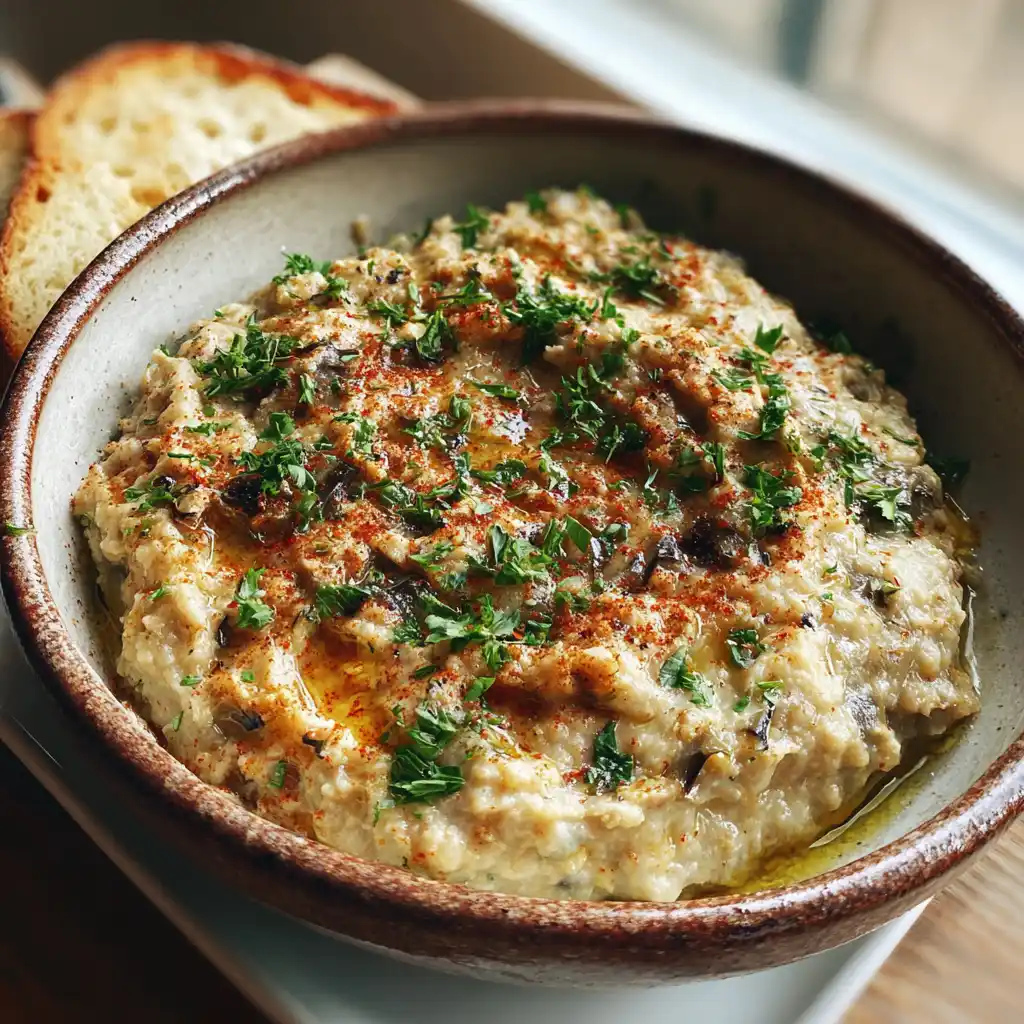 Caviar d'aubergines maison dressé dans un bol avec un filet d'huile d'olive, persil frais et graines de sésame