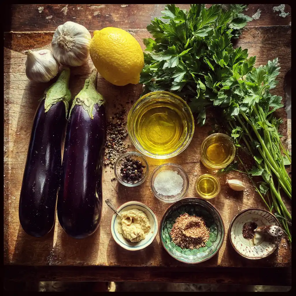 Ingrédients du caviar d'aubergines maison : aubergines fraîches, gousses d'ail, citron bio, tahini, huile d'olive et cumin