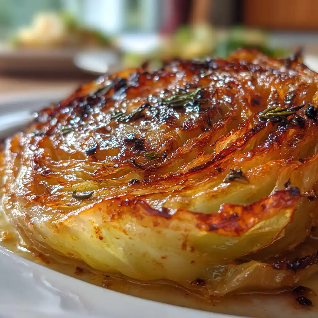 Gros plan sur un chou-steak rôti au four montrant sa croûte caramélisée dorée et son intérieur fondant