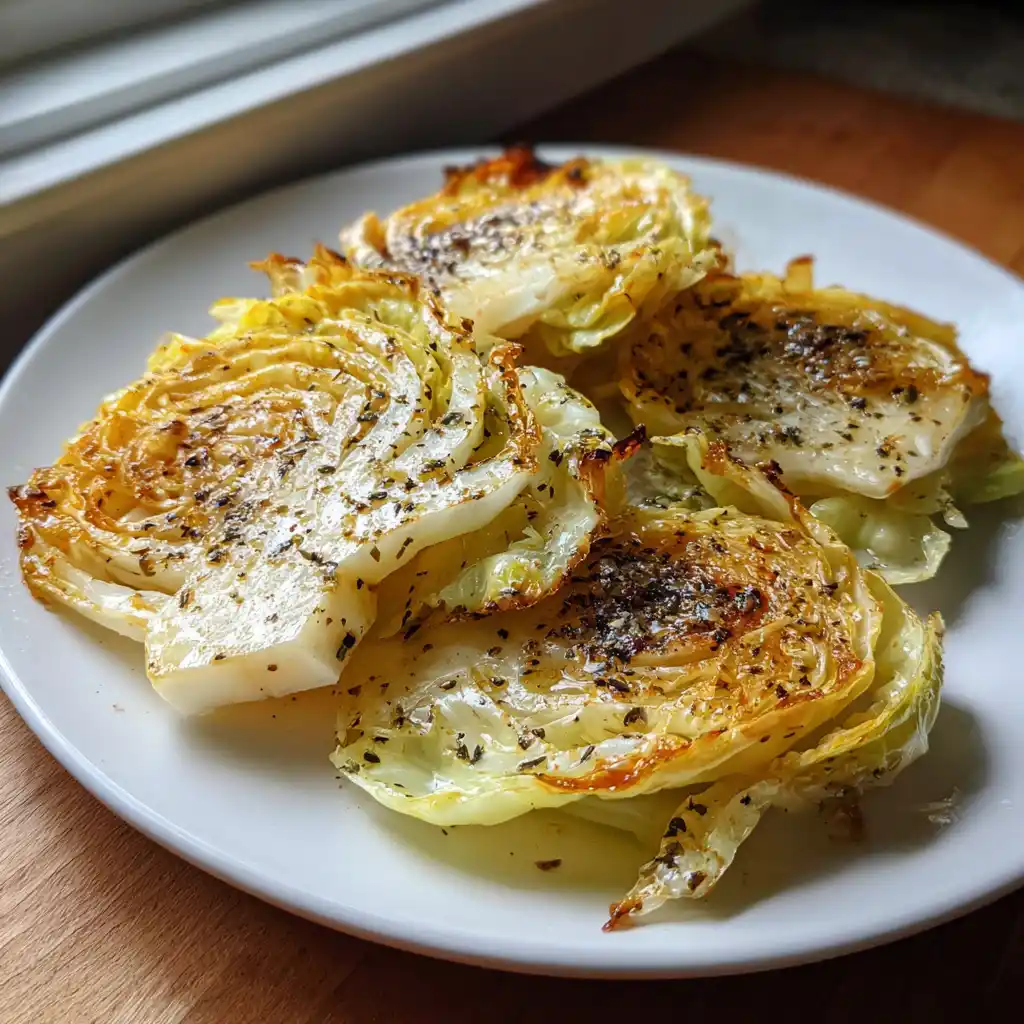 Chou-steaks rôtis au four dressés dans une assiette avec sauce tahini, persil frais et zeste de citron
