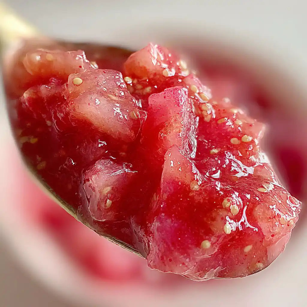 Gros plan sur une cuillère de confiture de rhubarbe vanille maison avec des morceaux de fruits