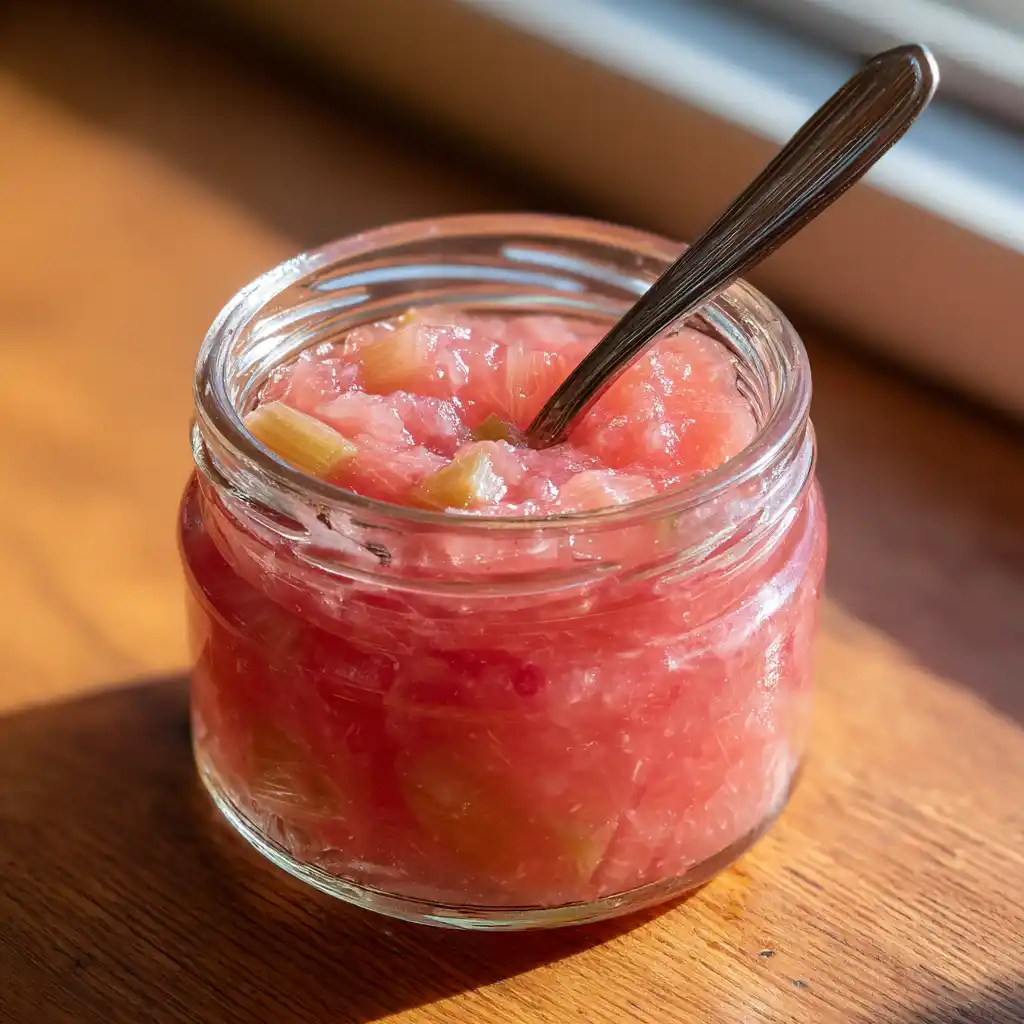 Confiture de rhubarbe vanille maison en pot avec sa belle couleur rose