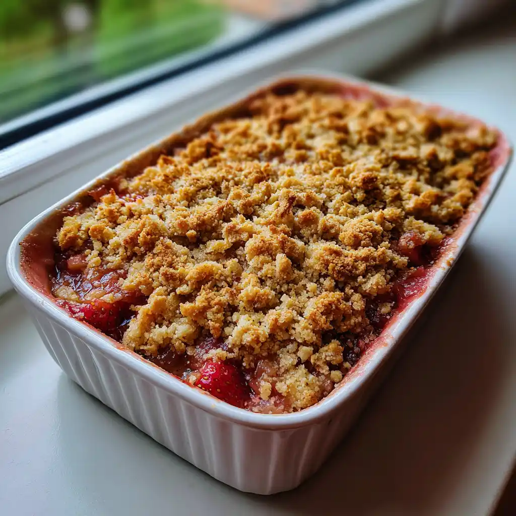 Crumble rhubarbe fraise avec sa croûte dorée et croustillante