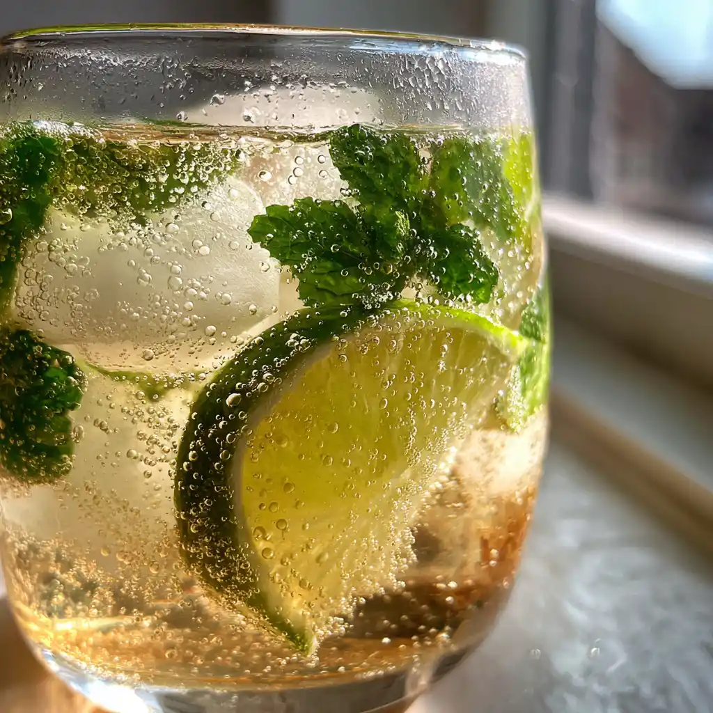 Gros plan sur le Hugo Spritz maison avec ses bulles fines de prosecco et ses feuilles de menthe fraîche flottantes
