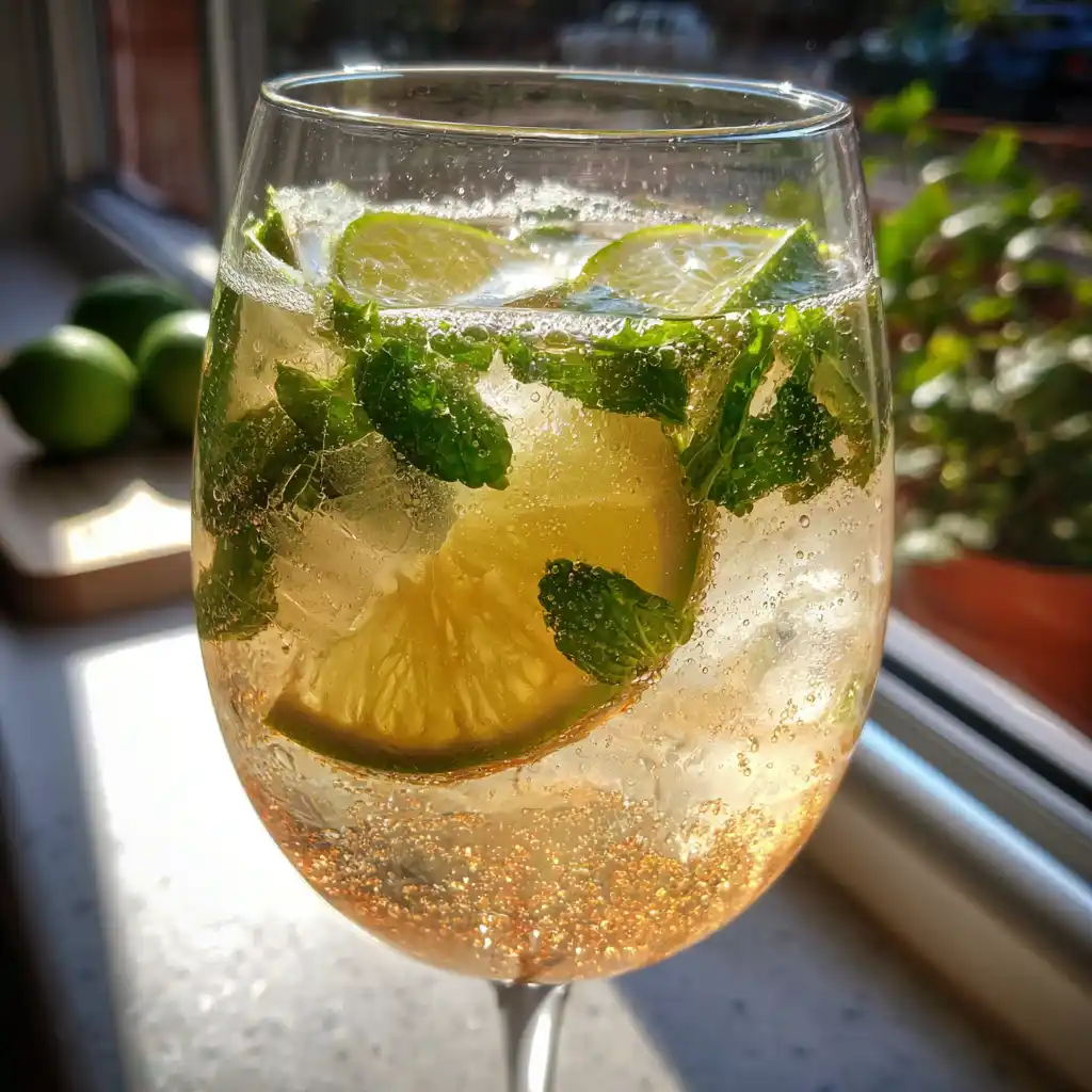 Hugo Spritz maison parfaitement dressé dans un grand verre à vin avec prosecco doré, menthe fraîche et rondelle de citron vert