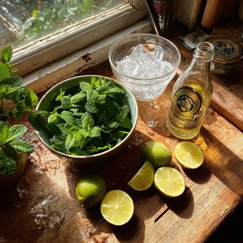 Ingrédients du Hugo Spritz maison : bouteille de prosecco, sirop de fleur de sureau, menthe fraîche, citron vert et eau gazeuse