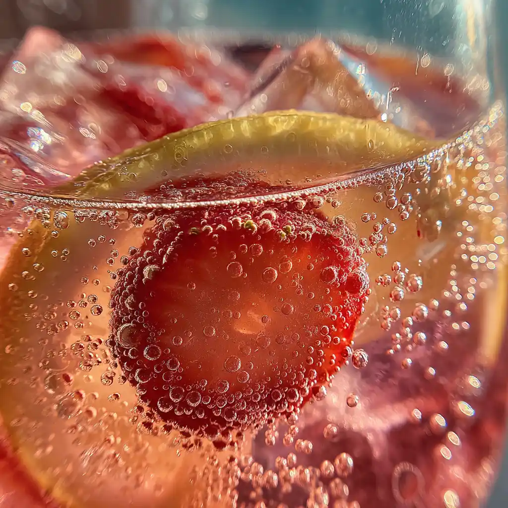 Gros plan sur un verre de limonade aux fraises maison avec ses bulles pétillantes et sa belle couleur rose naturelle