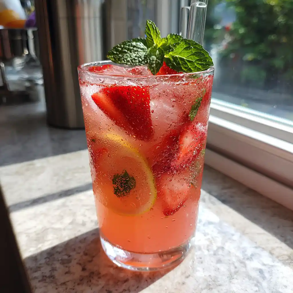 Limonade aux fraises maison servie dans un grand pichet et des verres avec glaçons, fraises et menthe fraîche