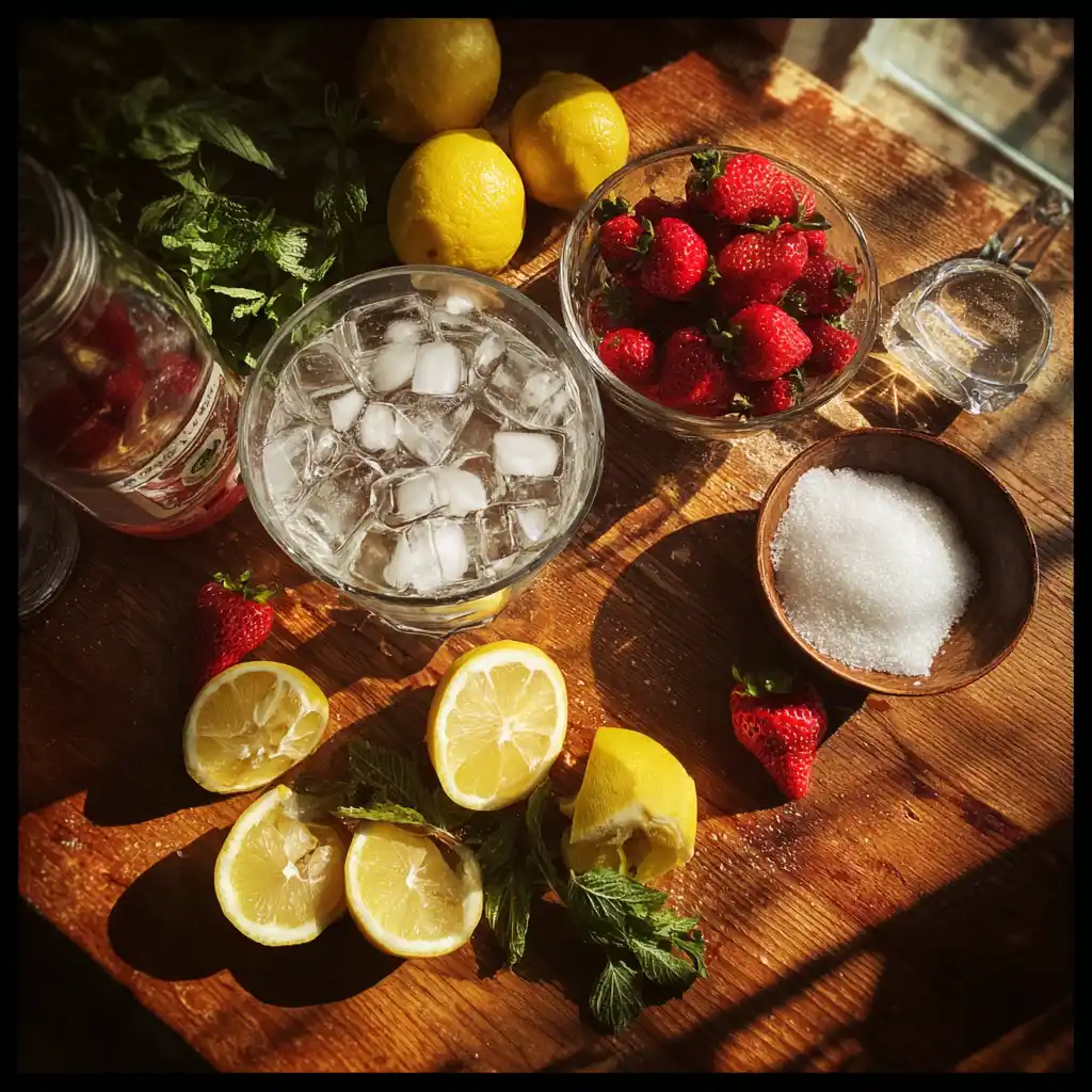 Ingrédients de la limonade aux fraises maison : fraises fraîches mûres, citrons bio, sucre en poudre, eau gazeuse et menthe fraîche