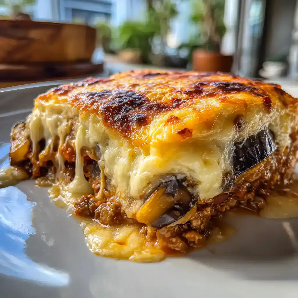 Gros plan sur une part de moussaka maison revisitée montrant les couches d'aubergines, farce épicée et béchamel fondante