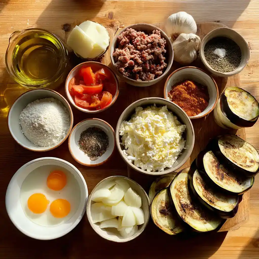 Ingrédients de la moussaka maison revisitée : aubergines fraîches, agneau haché, tomates pelées, cannelle, cumin et parmesan