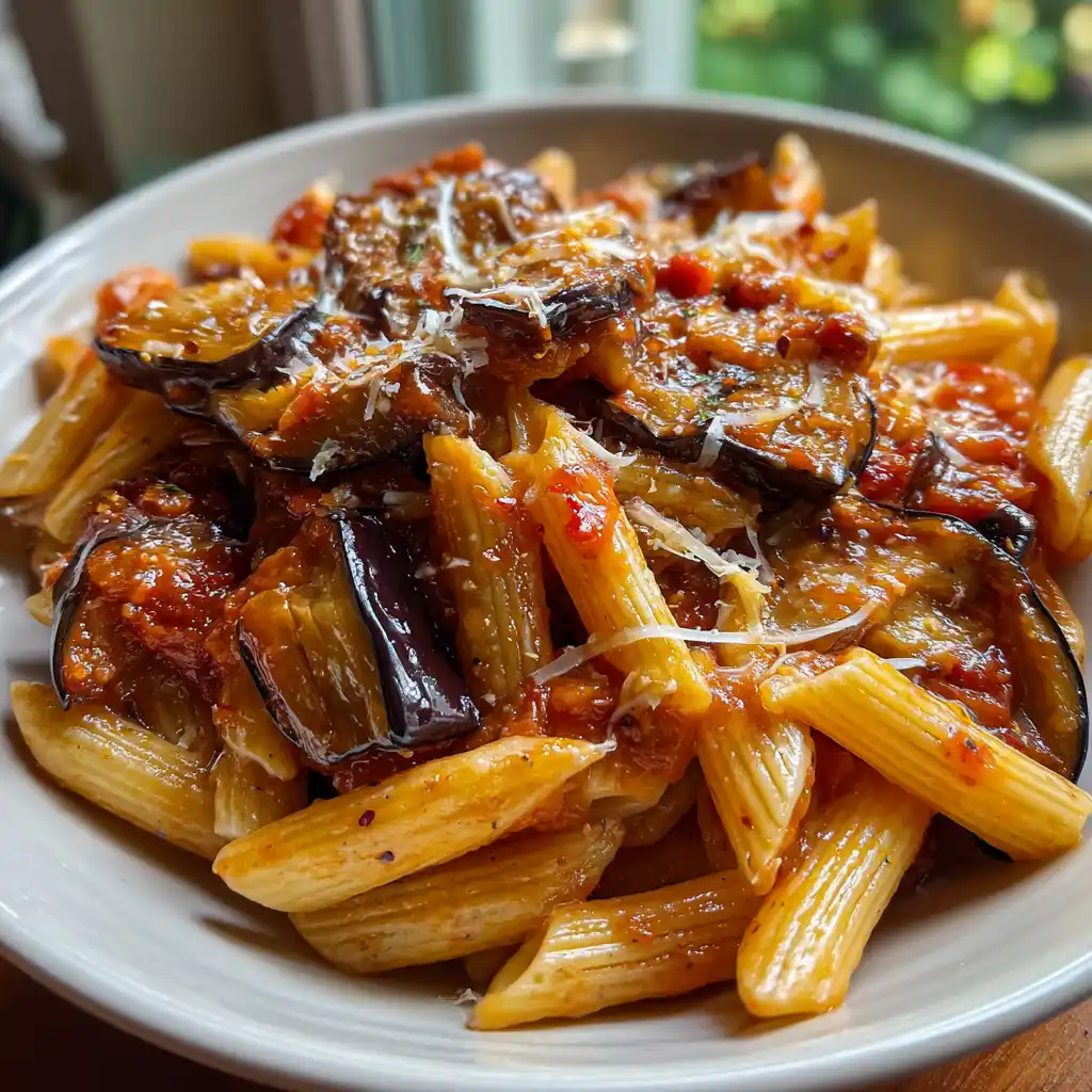 Gros plan sur la pasta à l'Arrabbiata aux aubergines rôties montrant la sauce tomate brillante et les cubes d'aubergines fondants