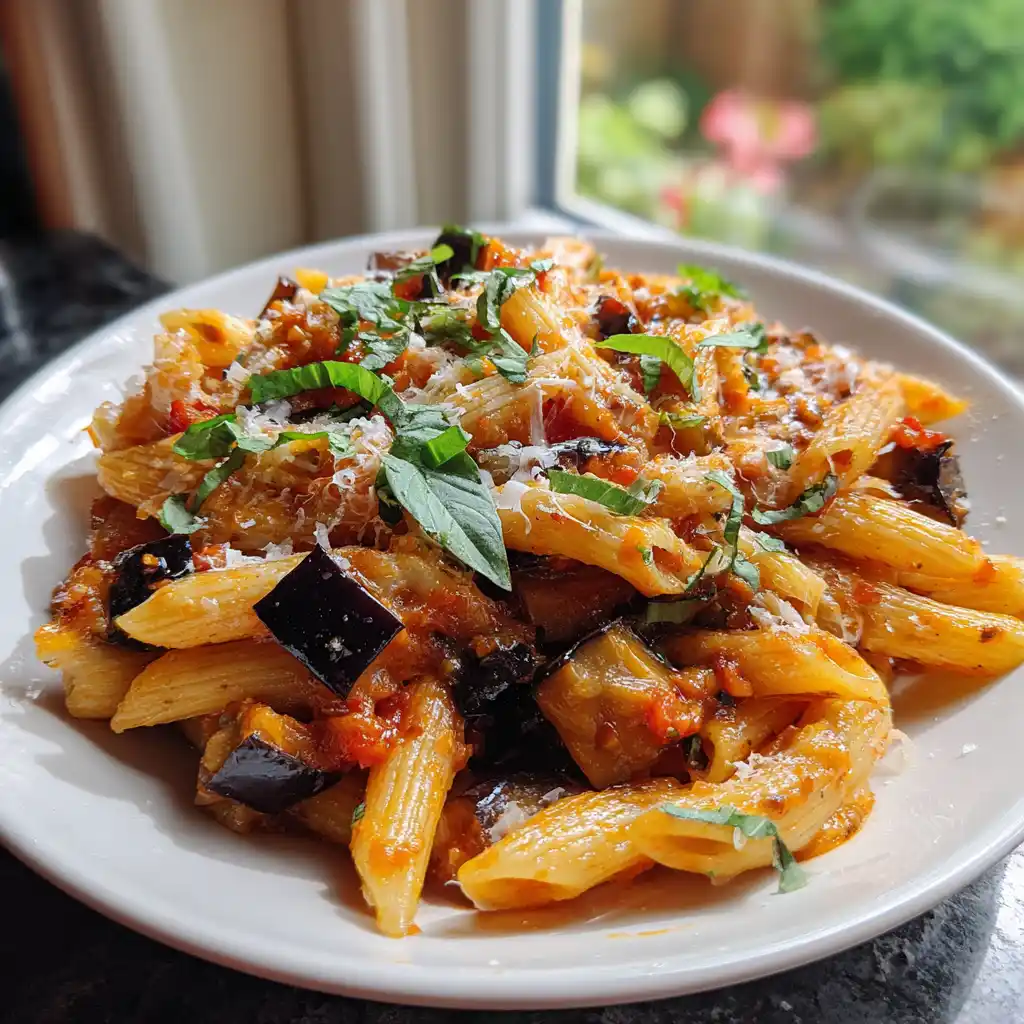 Pasta à l'Arrabbiata aux aubergines rôties dressée dans une assiette creuse avec sauce tomate rouge, basilic frais et parmesan