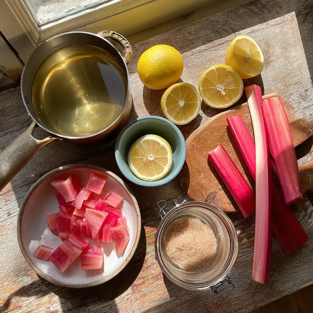 Ingrédients du sirop de rhubarbe maison : tiges de rhubarbe fraîche, sucre, citron et gousse de vanille