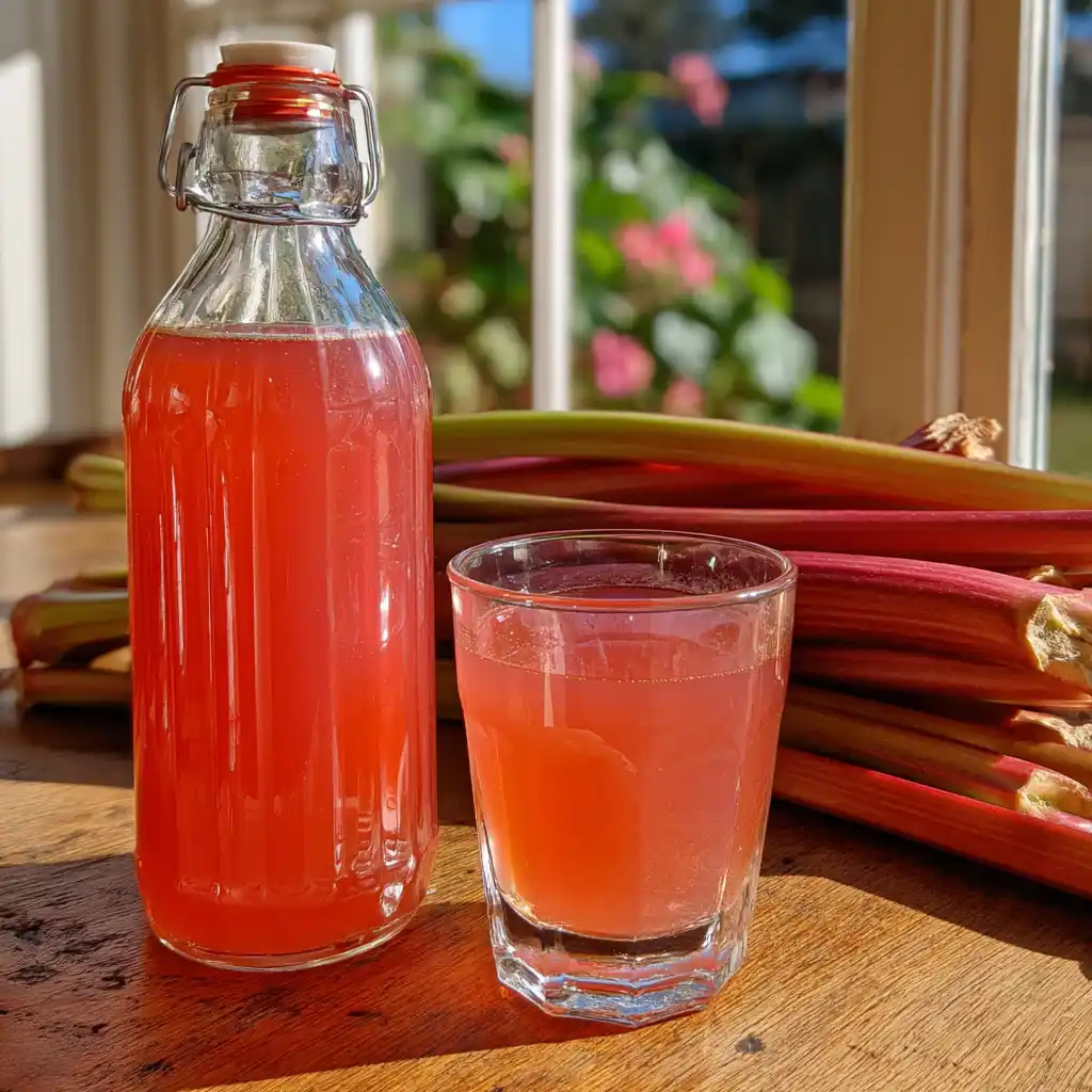 Sirop de rhubarbe maison filtré dans un flacon en verre avec sa belle couleur rose naturelle