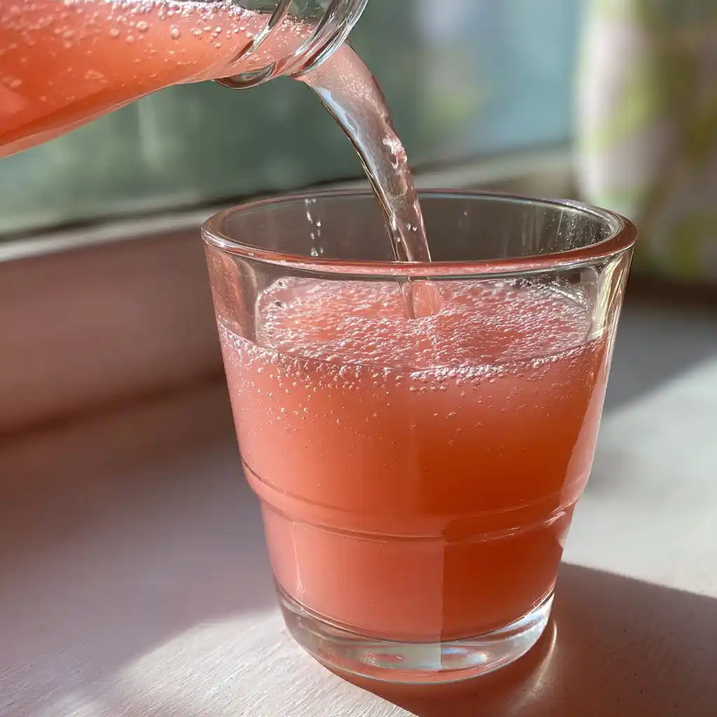 Sirop de rhubarbe maison dans une bouteille avec sa couleur rose intense