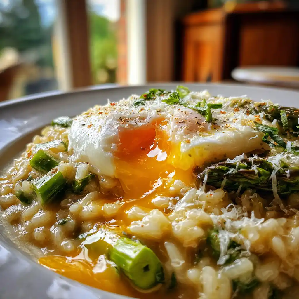 Gros plan sur le risotto crémeux aux asperges et œuf poché avec le jaune d'œuf coulant sur le riz