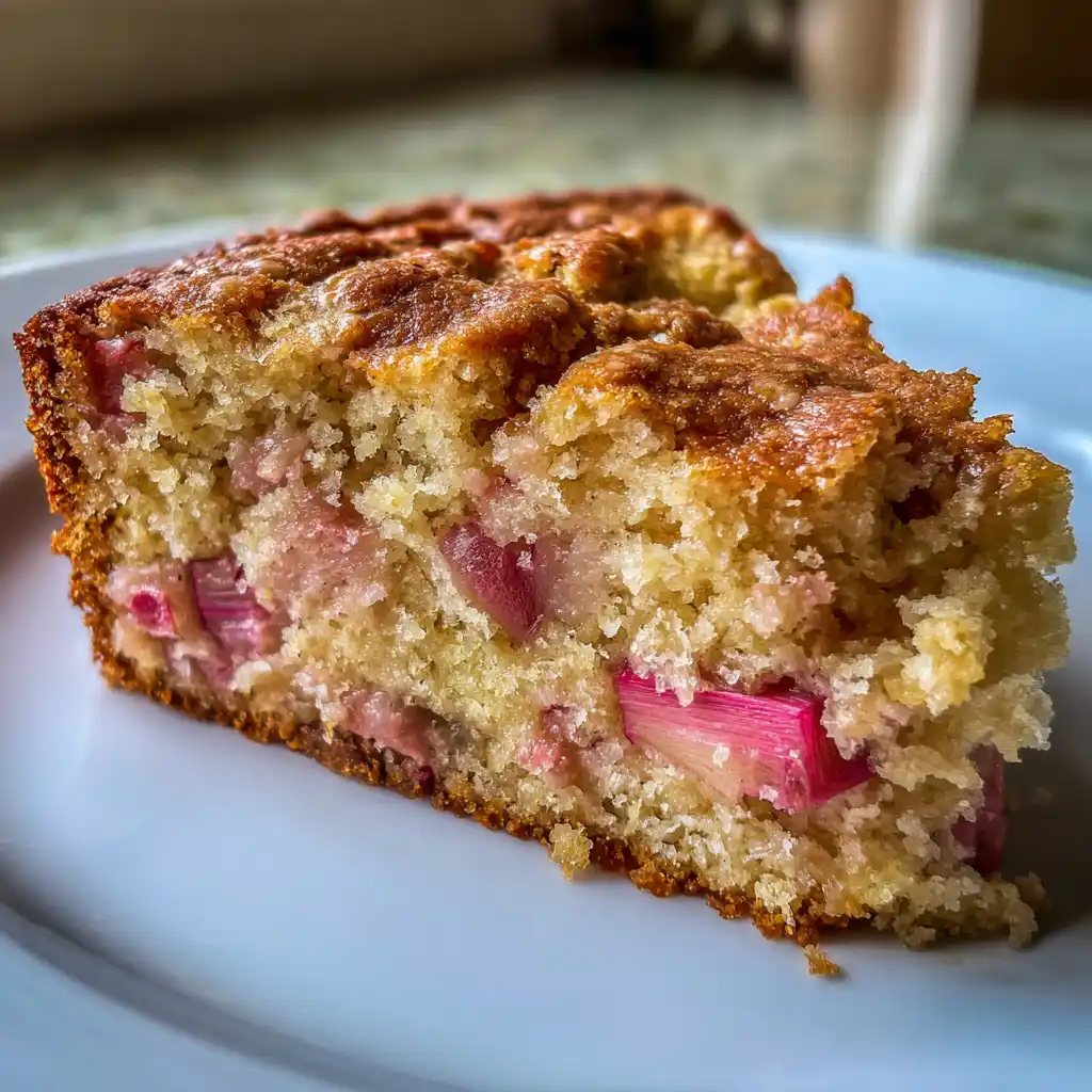 Gros plan sur une tranche de cake à la rhubarbe ultra moelleux avec des morceaux de rhubarbe fondants