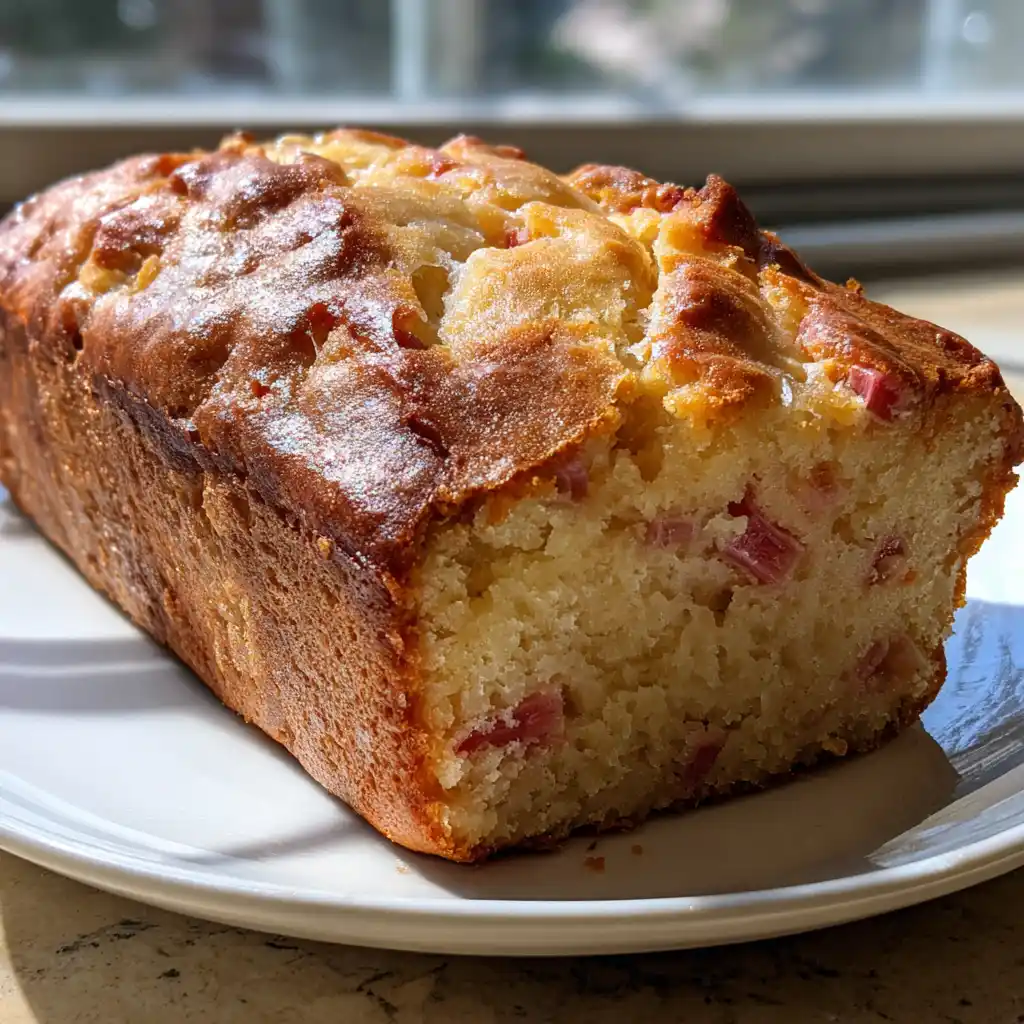 Cake à la rhubarbe ultra moelleux tranché avec ses morceaux de rhubarbe fondants