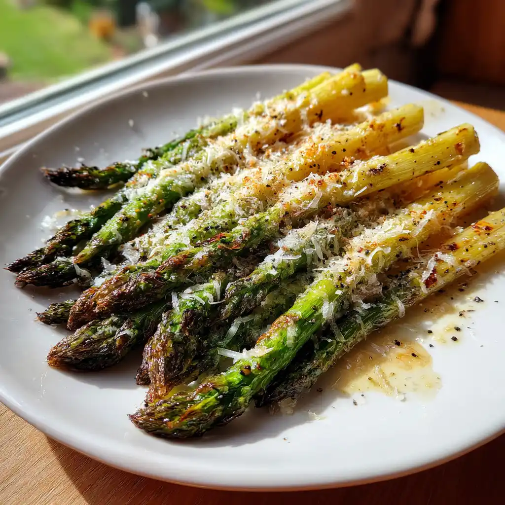 Asperges vertes croustillantes au parmesan dorées au four sur une plaque, parmesan gratiné et pointes croustillantes