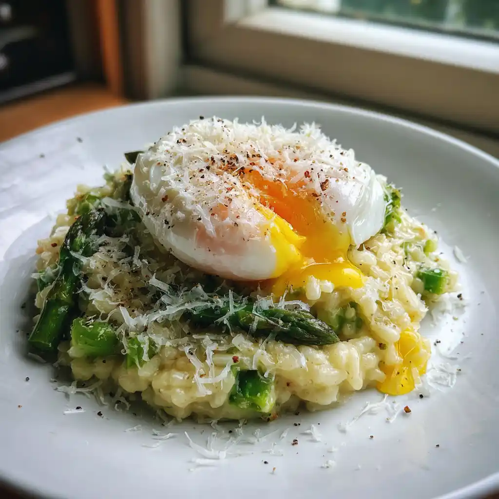 Risotto crémeux aux asperges et œuf poché présenté dans une assiette creuse avec parmesan et herbes fraîches