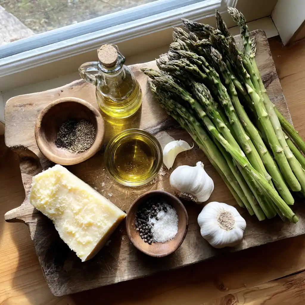 Ingrédients des asperges vertes croustillantes au parmesan : asperges fraîches, parmesan râpé, huile d'olive, ail et citron