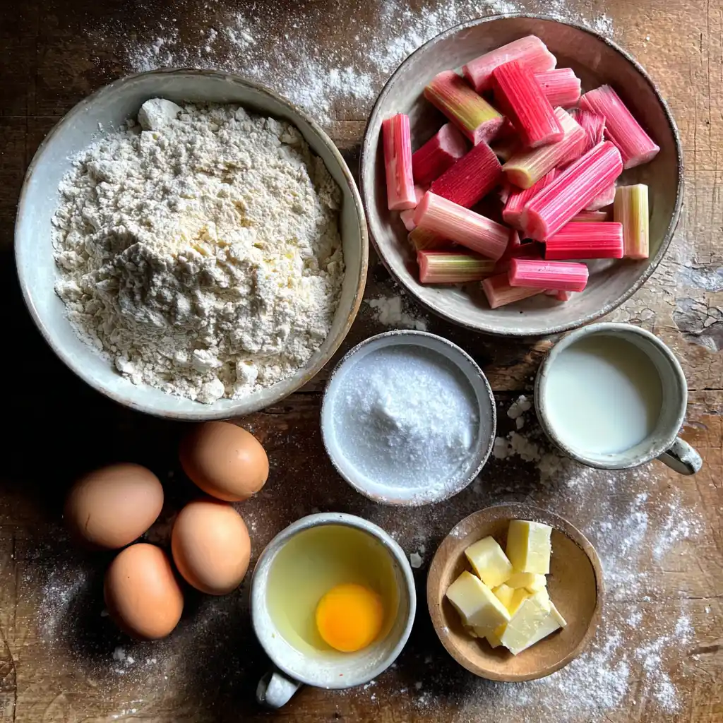 Ingrédients du cake à la rhubarbe ultra moelleux : rhubarbe, farine, sucre, œufs, beurre et vanille