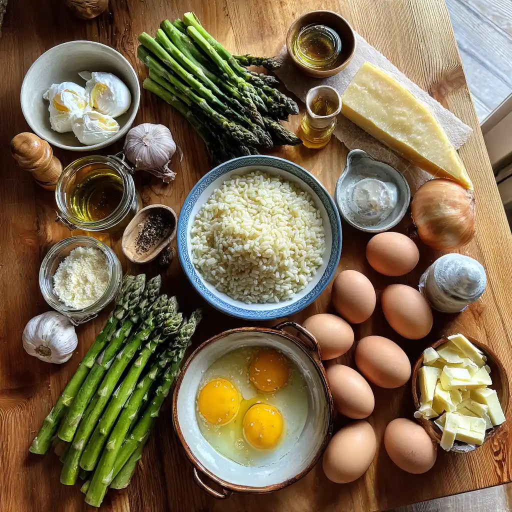 Ingrédients du risotto crémeux aux asperges et œuf poché : riz arborio, asperges vertes, œufs frais, parmesan, bouillon et vin blanc