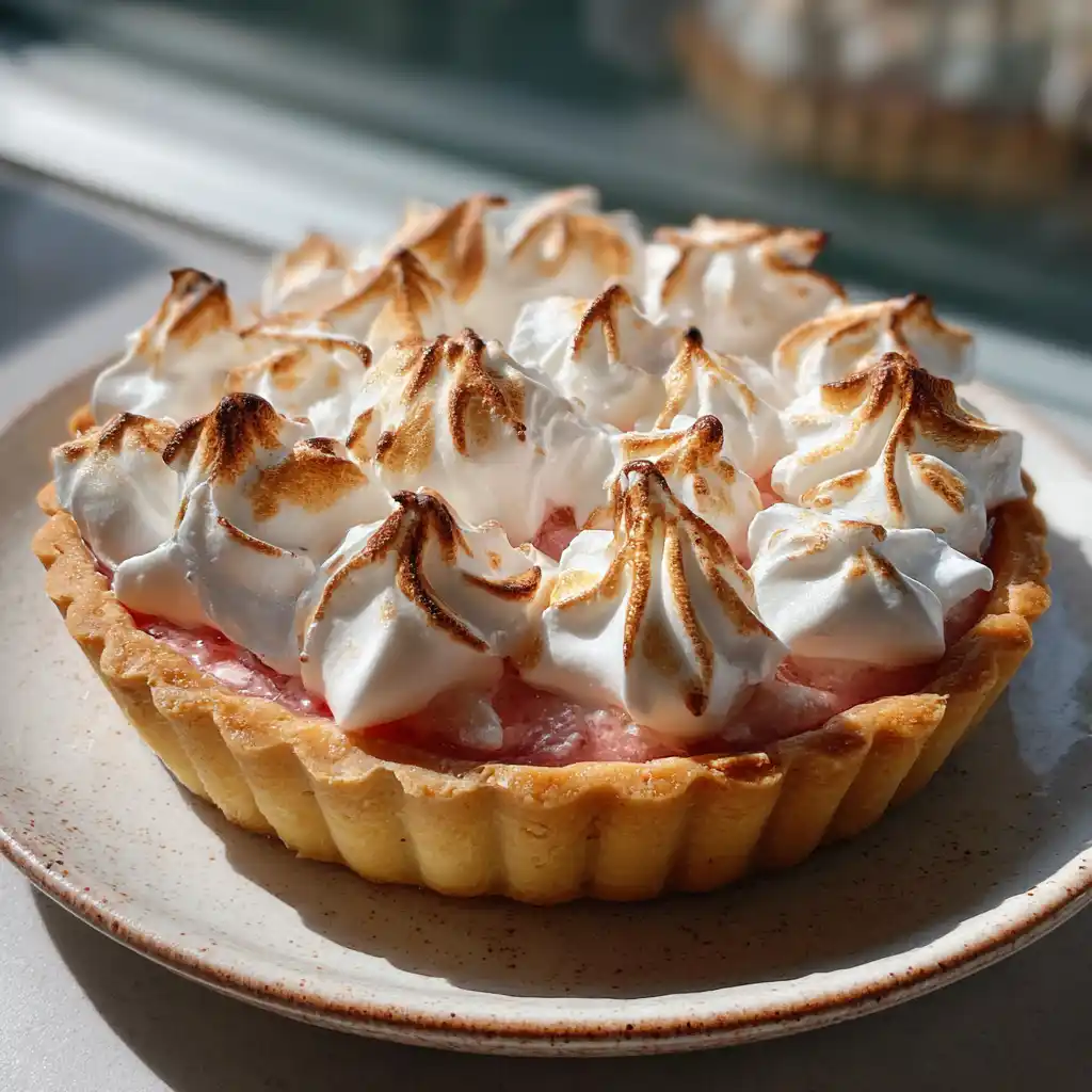 Tarte à la rhubarbe meringuée avec sa meringue dorée au chalumeau