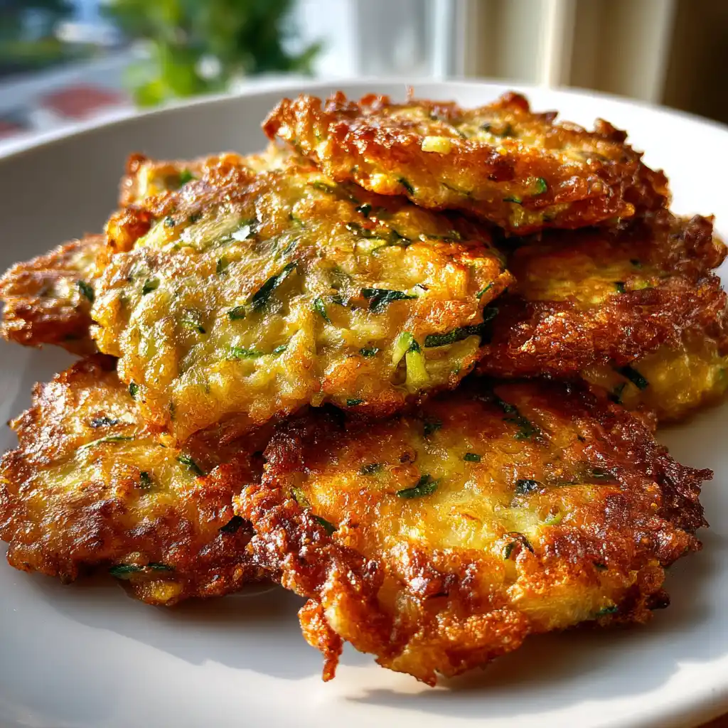 Gros plan sur un beignet de courgette montrant une croûte dorée et un cœur moelleux à la feta et aux herbes