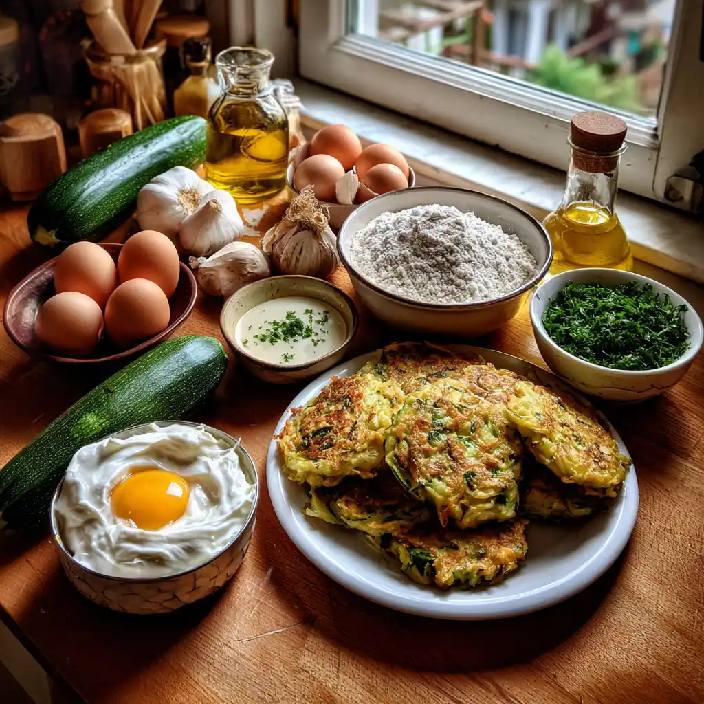 Courgettes, feta, œufs, farine, menthe, citron et oignons nouveaux utilisés pour préparer des beignets croustillants