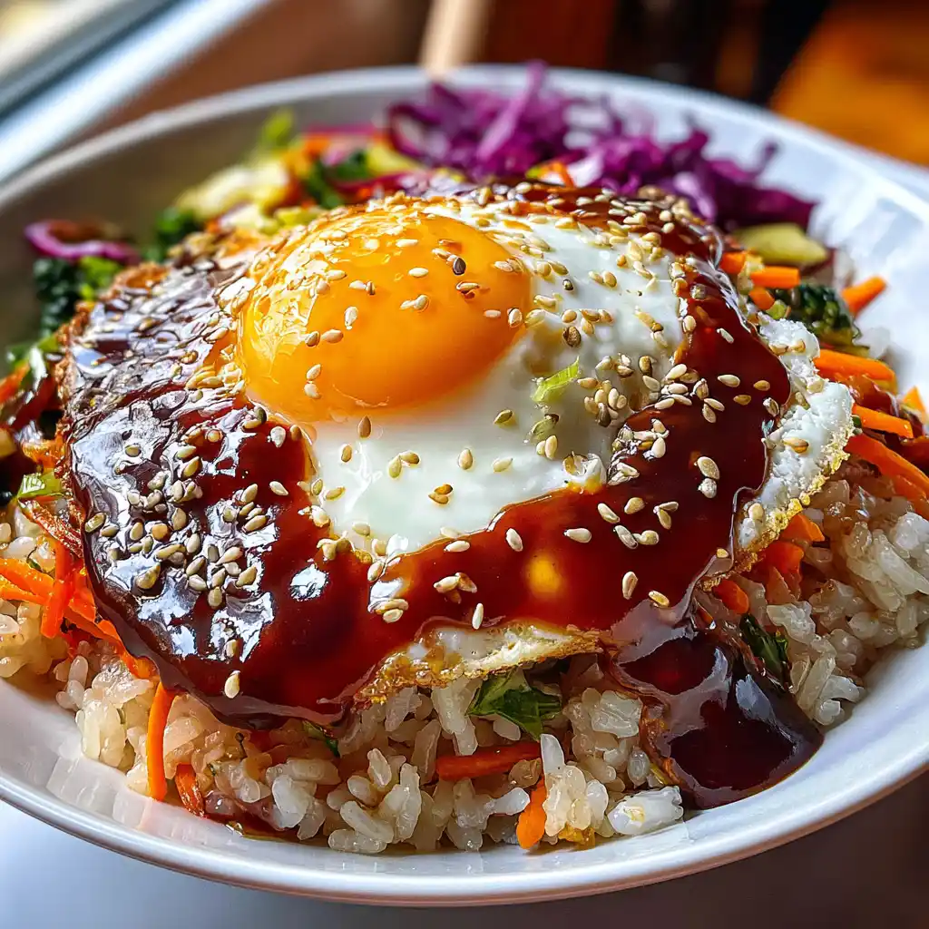 Gros plan sur un bibimbap maison montrant l'œuf au jaune coulant qui se mélange aux légumes colorés et au riz