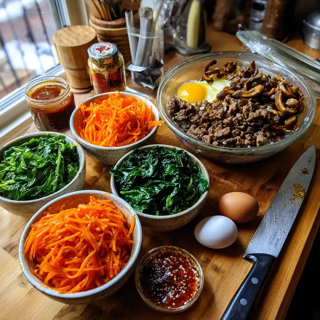 Ingrédients du bibimbap maison disposés sur un plan de travail : riz, bœuf, épinards, carottes, courgettes, champignons, pousses de soja, œufs, gochujang et huile de sésame