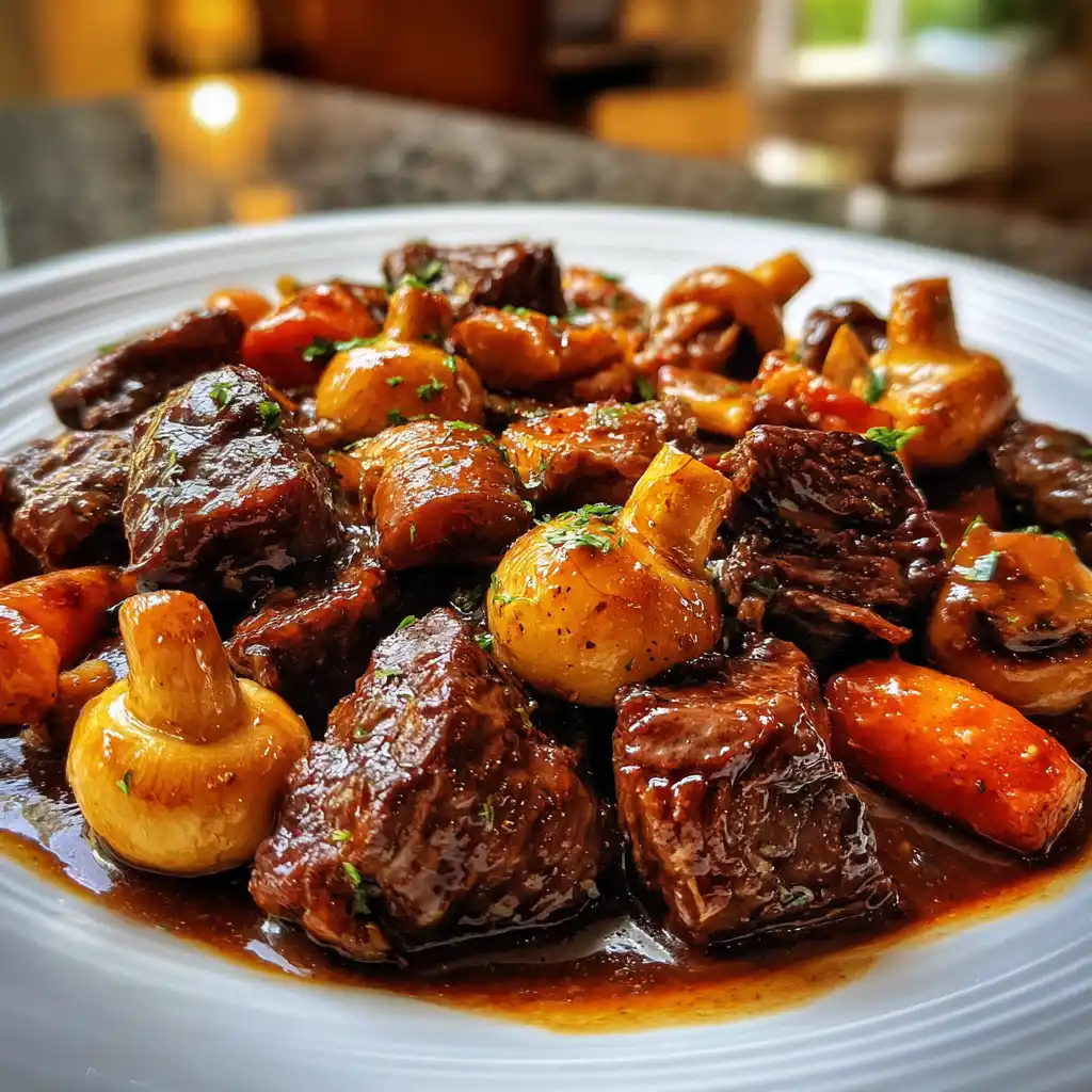 Gros plan sur la viande fondante et la sauce du bœuf bourguignon