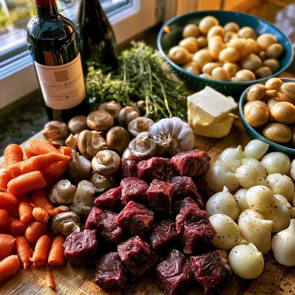 Ingrédients pour le bœuf bourguignon : viande, vin, légumes