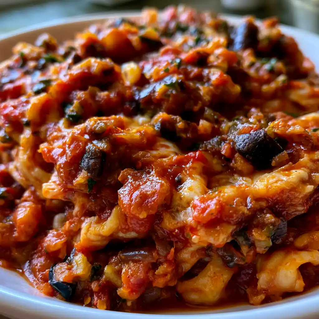 Gros plan d'une cuillère de bolognaise d'aubergines maison sur des spaghettis al dente
