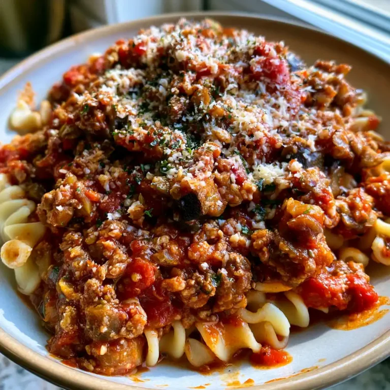 Bolognaise d'aubergines maison sur des pâtes avec parmesan