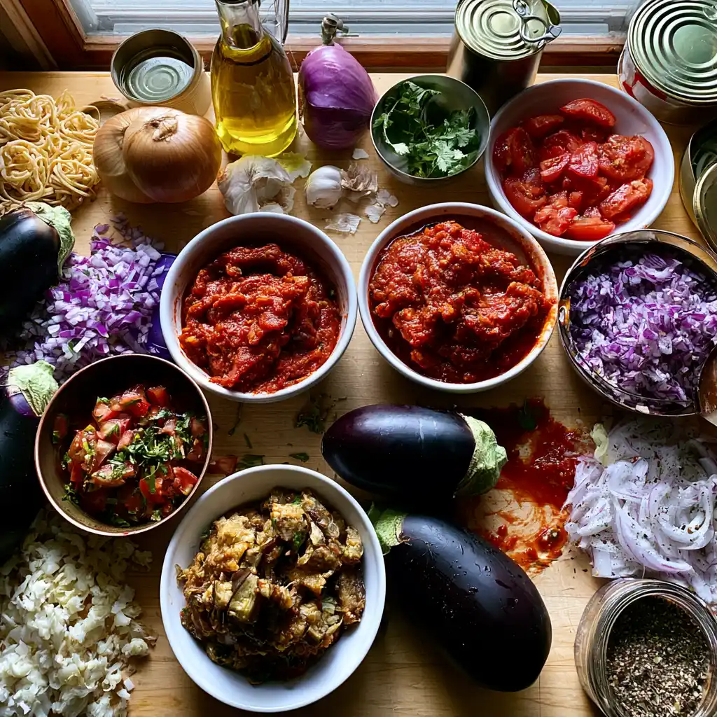 Ingrédients frais pour bolognaise d'aubergines maison disposés sur planche en bois