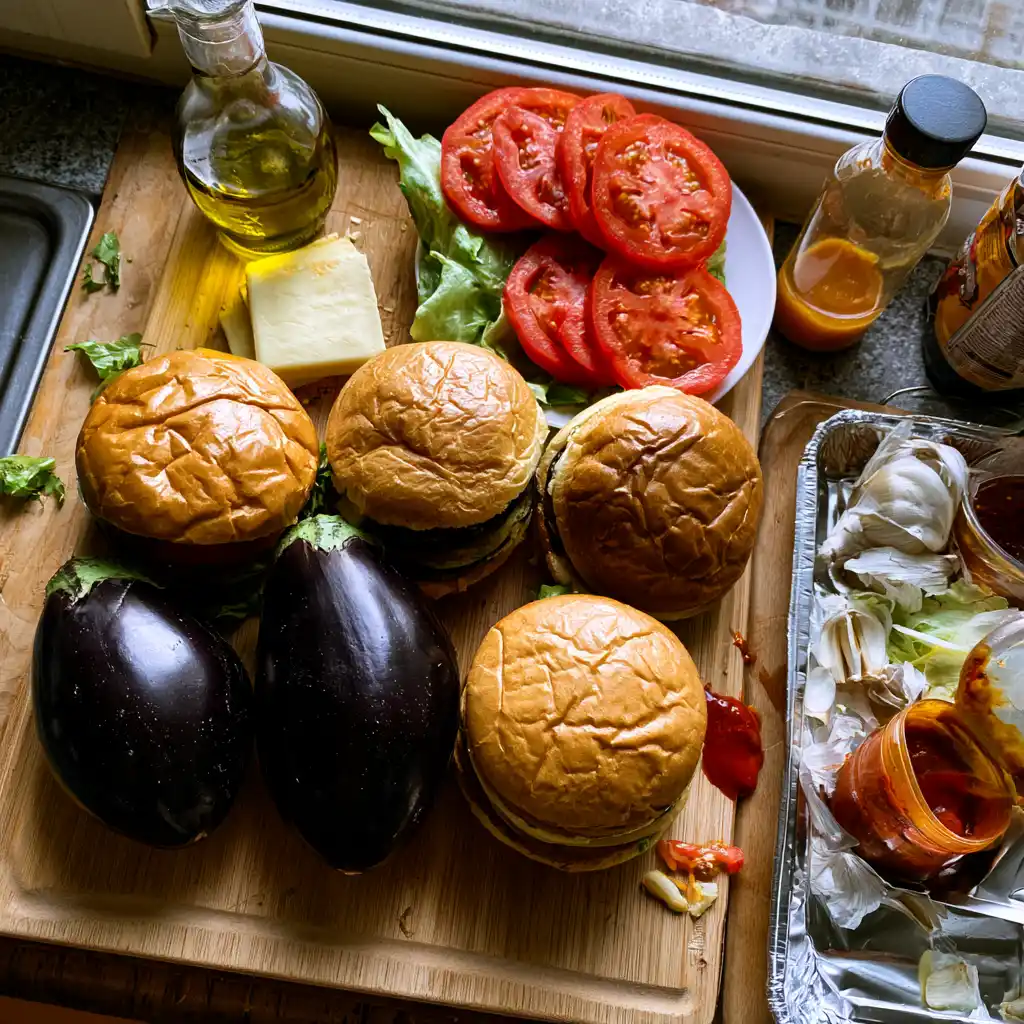 Ingrédients frais pour burger d'aubergines grillées disposés sur une planche en bois