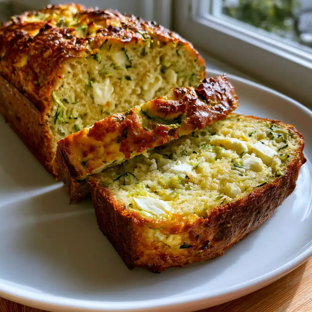 Gros plan sur une tranche de cake courgettes feta et menthe avec la mie moelleuse, les morceaux de feta et la menthe visible