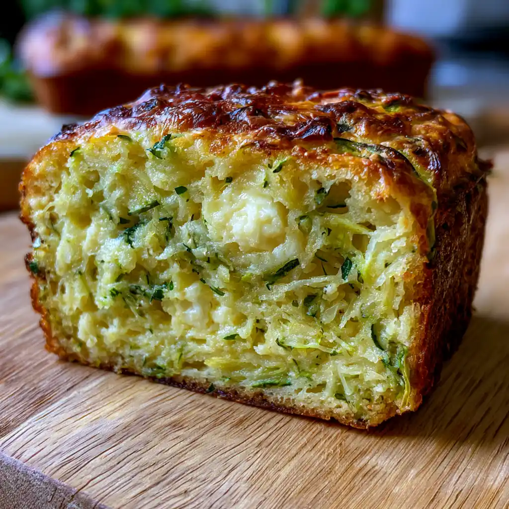 Cake courgettes feta et menthe entier sorti du four, doré avec ses rondelles de courgettes sur le dessus