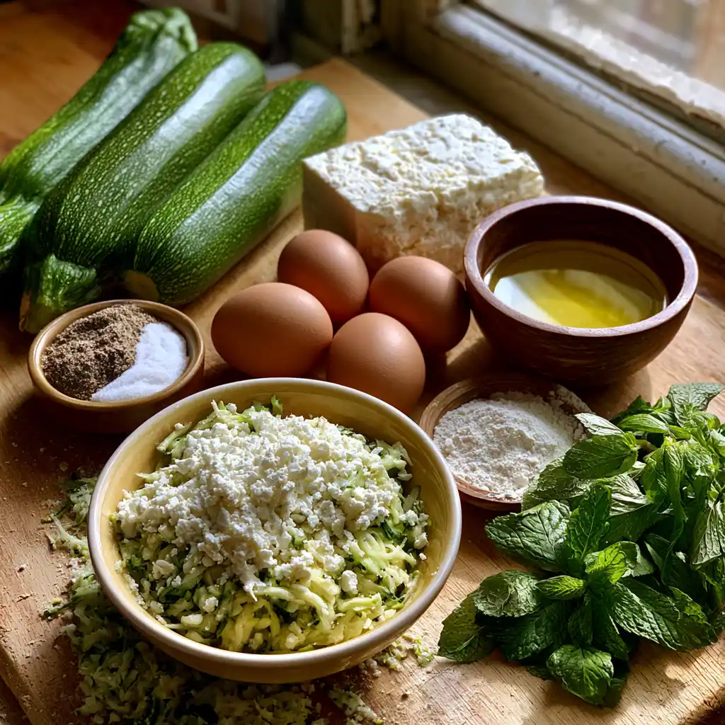 Ingrédients du cake courgettes feta et menthe : courgettes fraîches, feta émiettée, feuilles de menthe fraîche, oeufs, farine et citron bio