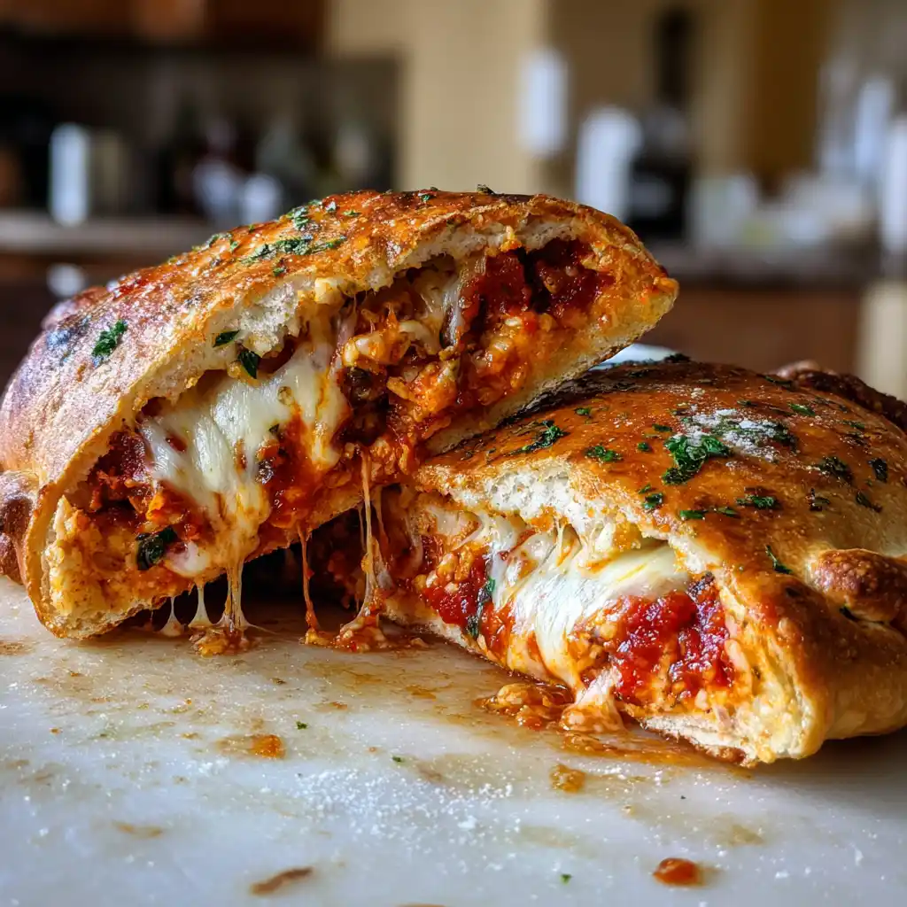Gros plan sur une calzone maison farcie coupée révélant le cœur fondant de fromage filant et de jambon