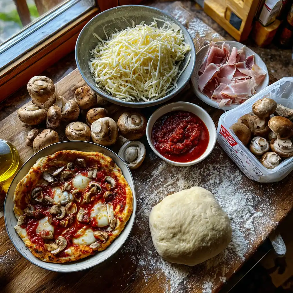 Ingrédients de la calzone maison farcie disposés sur un plan de travail : pâton de pizza, mozzarella, ricotta, jambon, sauce tomate et parmesan