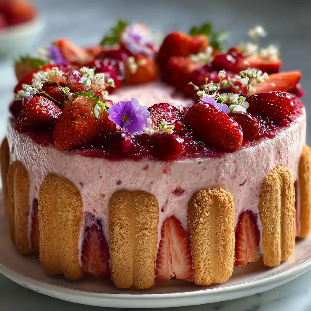 Gros plan sur la charlotte aux fraises pour la Fête des Mères avec sa mousse rose et ses biscuits imbibés