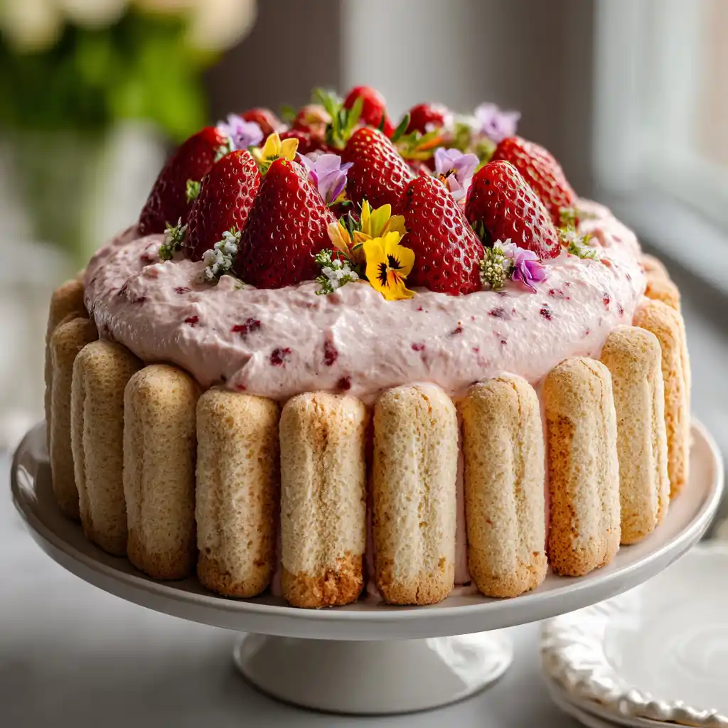 Charlotte aux fraises pour la Fête des Mères démoulée et décorée de fraises fraîches et feuilles de menthe